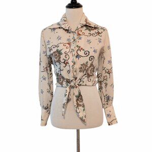 Vintage Womens Size 7/8 Western Floral Long Sleeve Tie Waist Short Crop Top Flaw